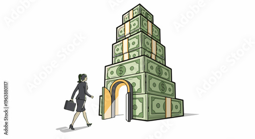 Businesswoman approaches a pyramid of money with an open doorway
