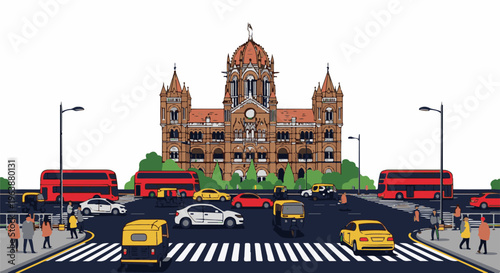 Busy intersection with a grand building, buses, cars, and pedestrians