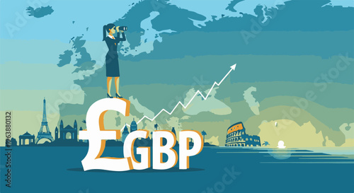Businesswoman with binoculars observes pound symbol and growth chart