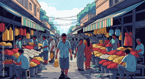 Busy outdoor market scene with diverse shoppers and vendors