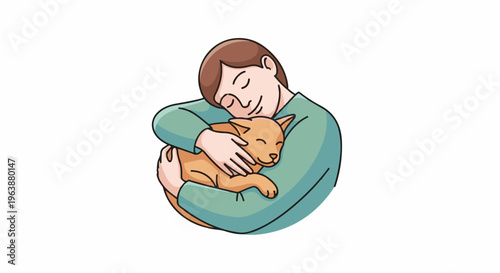 A person tenderly embraces a small, contented cat
