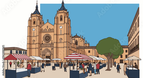 Busy town square with a large cathedral and market stalls under a blue sky