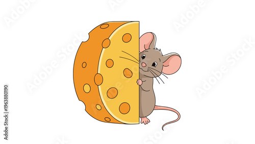 Cute brown mouse peeking from behind a large piece of swiss cheese with holes in a charming cartoon illustration.
