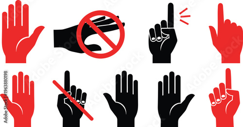 Hand Gesture Symbol Set Featuring Stop Warning No Sign and Finger Signals Safety Communication Flat Vector Illustration Isolated on White Background