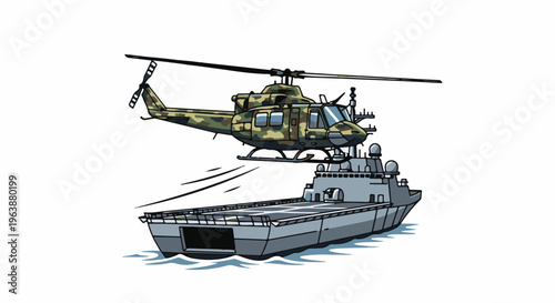 Camouflaged helicopter hovers above a modern military vessel