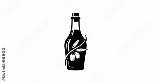 Black bottle with olive branch and olives on white background