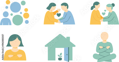 Mental Health and Self Care Concept Set Featuring Support Love Home Comfort and Emotional Wellbeing Flat Vector Illustration Isolated on White Background