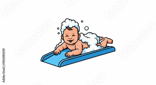 Cartoon baby enjoying a bubbly bath on a blue slide