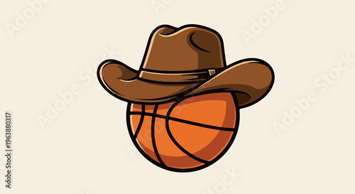 Cartoon basketball wearing a cowboy hat, isolated on a pale background