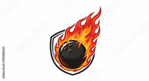 Black bowling ball engulfed in flames, set against a shield