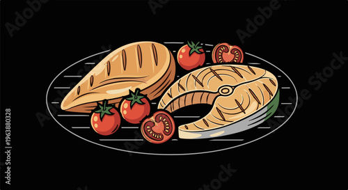 A grilled fish steak and chicken breast on a grill with tomatoes