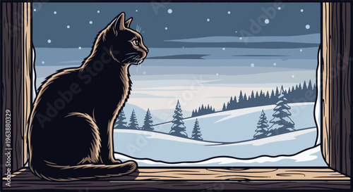 Black cat gazes out window at snowy winter landscape with falling snowflakes