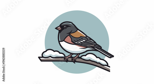 Cartoon bird perched on a snow-covered branch against a teal circle