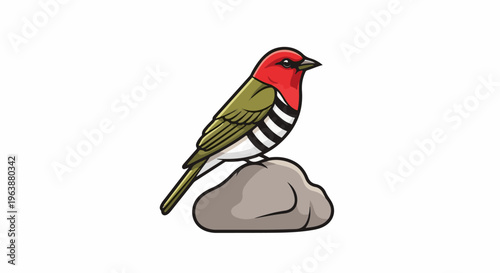 Cartoon bird with red head, green wings, and striped chest on rock