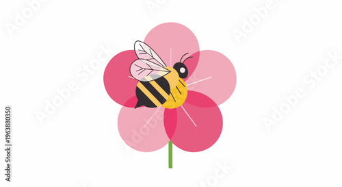 Cartoon bee with striped body on a pink flower