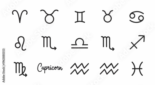 A grid of twelve zodiac symbols in black on a white background