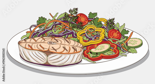 A grilled fish steak served with a colorful salad on a white plate
