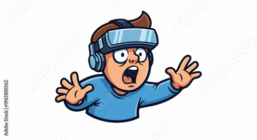 Cartoon boy wearing VR headset, surprised expression, hands raised