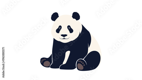 Gentle giant panda sitting down and looking forward with its characteristic black and white markings in a simple vector art style.