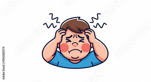Cartoon boy with brown hair and blue shirt, hands on head, looking stressed