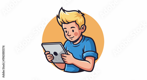 Cartoon boy with blond hair uses a tablet computer