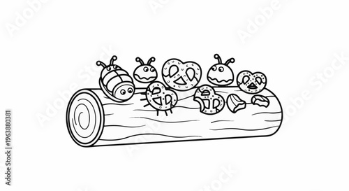 Cartoon bugs and pretzels on a log