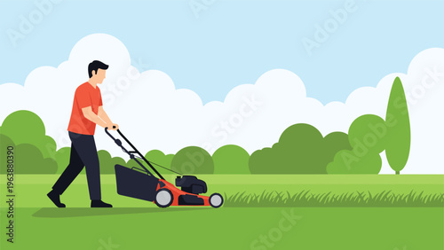 Man in a red t-shirt pushing a red lawn mower across a green field with trees and a blue sky in the background.