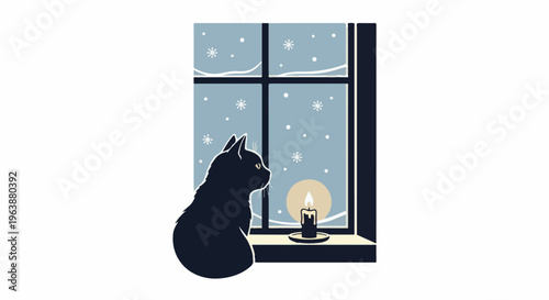 Black cat watches snowfall from window next to lit candle
