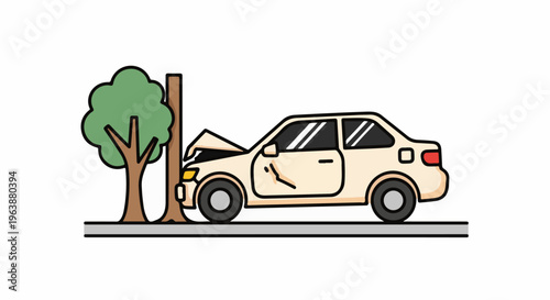 Cartoon car crashed into a tree on a road