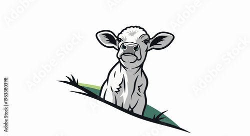 Cartoon calf peeking over grassy hill