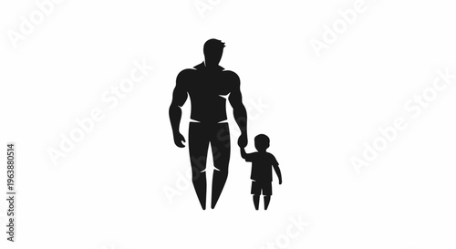 Black silhouette of a man holding a child's hand