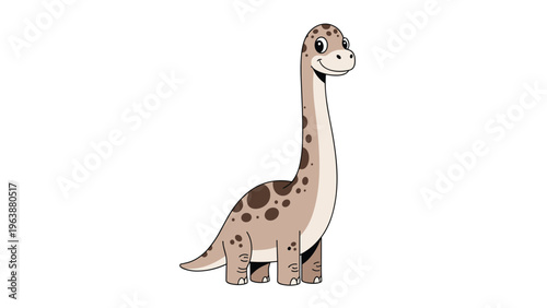 Friendly long-necked dinosaur with brown spots on its tan body standing and smiling in a simple cartoon illustration.
