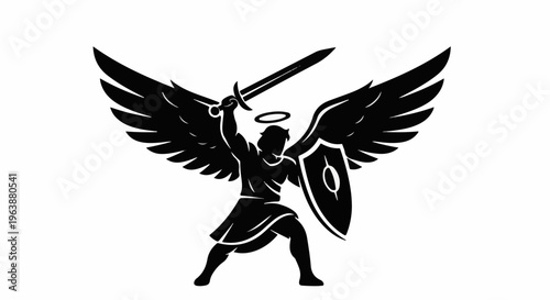 Black silhouette of an angel warrior with wings, halo, sword, and shield