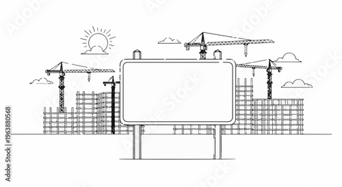 Blank billboard on a construction site with cranes and buildings