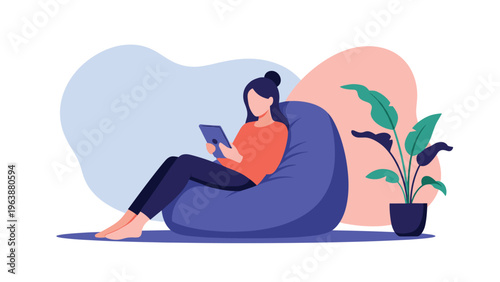 Young woman sitting comfortably on a purple bean bag chair and using a digital tablet for reading or work in a modern room.