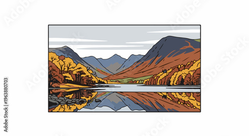 Autumnal mountains reflect in a calm lake, with fall foliage trees
