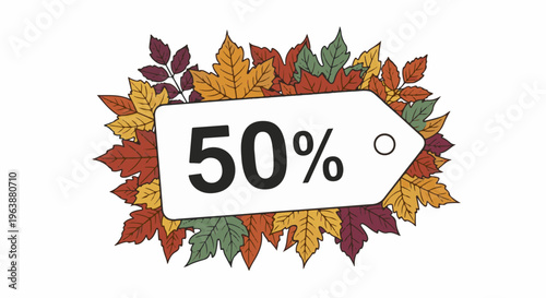 Autumnal sale tag with 50% discount surrounded by colorful fall leaves