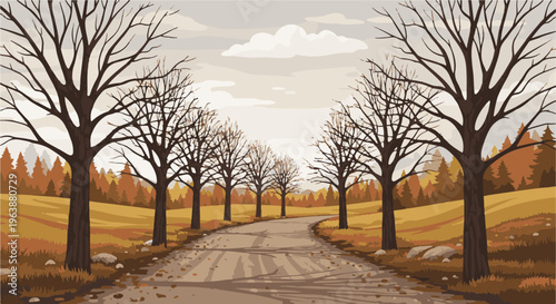 Autumnal trees line a winding dirt path through rolling hills