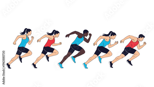 Sequence of five diverse runners in mid-stride, showing the motion of sprinting from left to right in a colorful illustration.