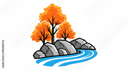Autumnal trees on rocky outcrop beside flowing blue river