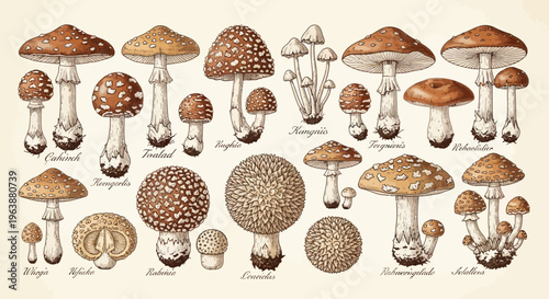 Vintage Botanical Illustration of Various Mushroom Species