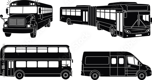 Collection of double decker bus and van silhouettes in various views