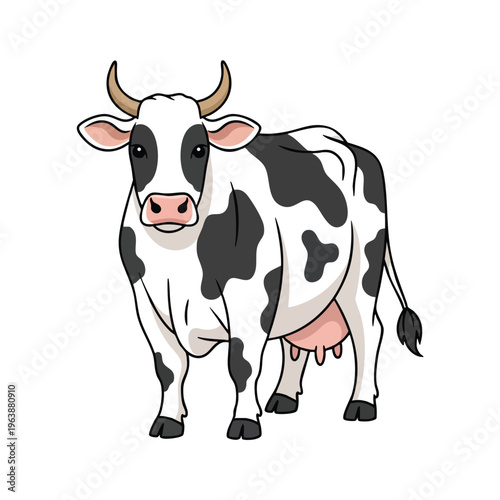 Cartoon Holstein cow with black patches and udder, standing