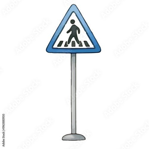 Road sign on white background with yellow caution triangle and arrow symbol