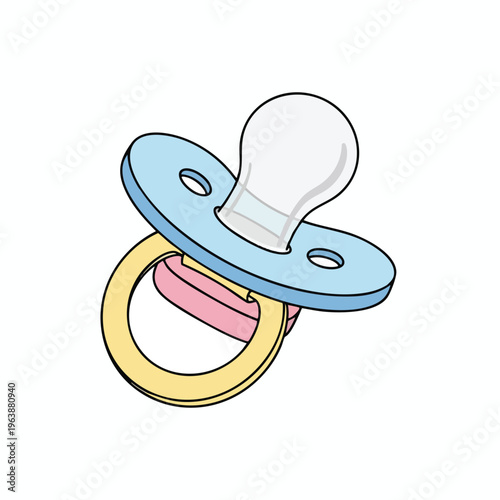 A baby pacifier with a light blue shield, white nipple, and a pink and yellow ring