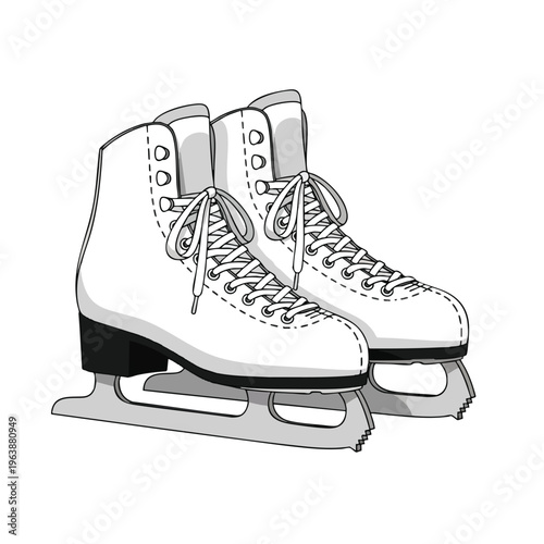 Pair of white ice skates with black accents and white laces on blades