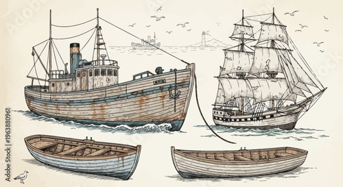 Hand Drawn Nautical Set with Vintage Ships and Wooden Boats