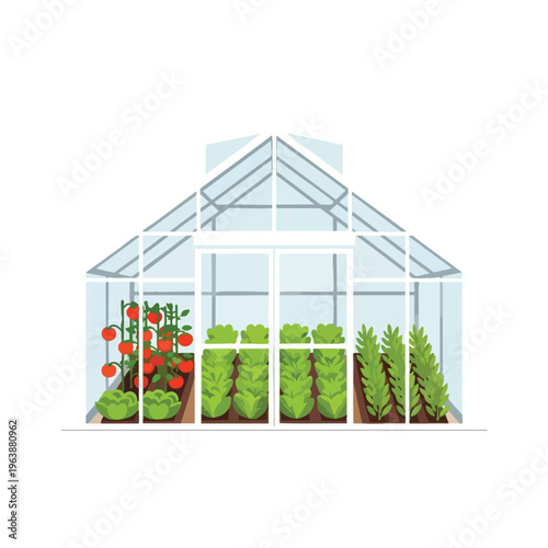 A greenhouse with rows of ripe tomatoes, leafy greens, and other plants growing
