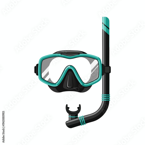 A black and teal diving mask and snorkel are shown