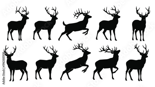 Collection of black silhouettes featuring various species of deer and stags in diverse standing and jumping poses.